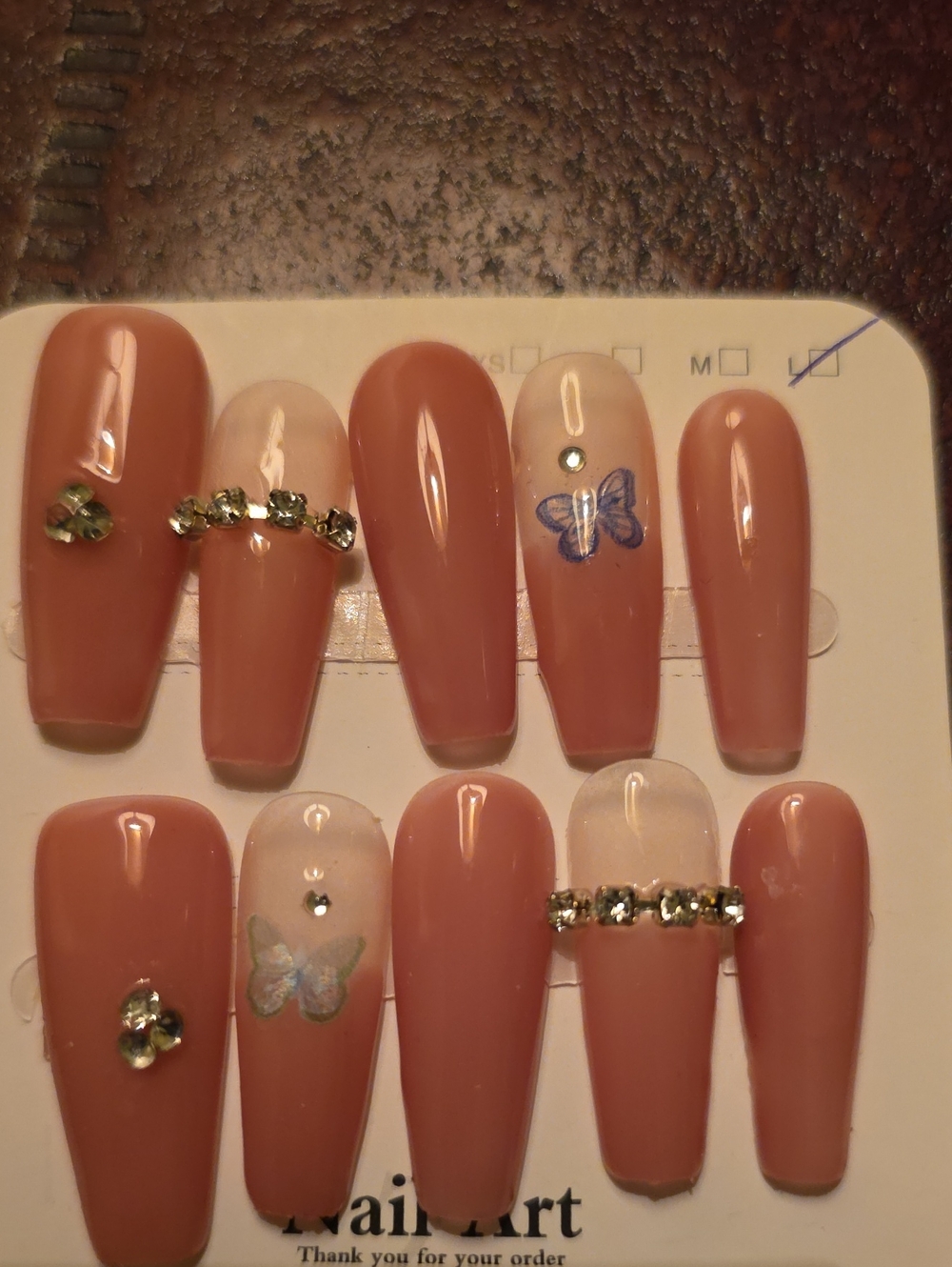 Pink Press-On Nails with Butterfly Accents Size Large